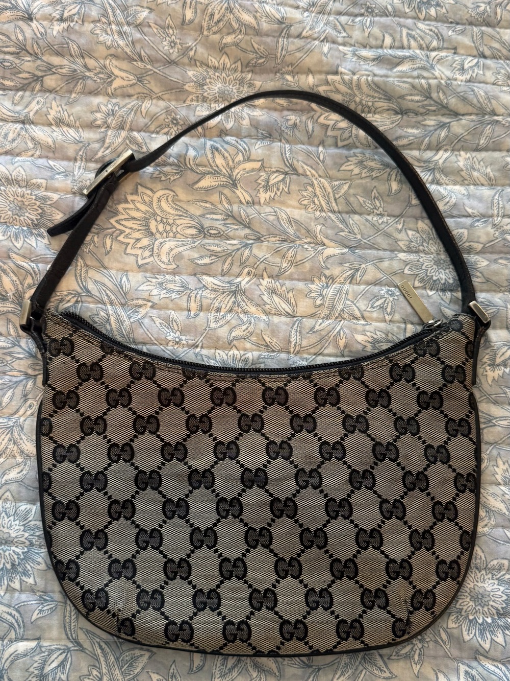 Gucci Beige GG Canvas Crescent Shoulder Bag with Black Trim